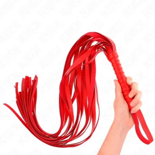 Hand holding red whip with multiple straps against a white background.