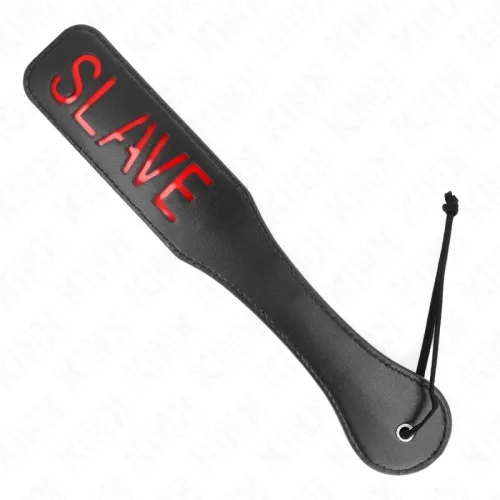 Black leather paddle with red lettering "SLAVE" and black loop on the handle.