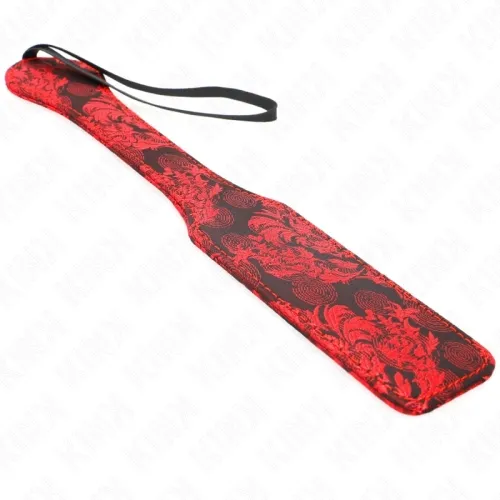 Red and black paddles with floral pattern and wrist strap.