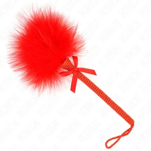 Red feather duster with braided handle and bow, against a white background.