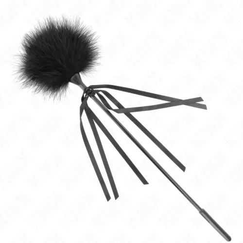 Black feather duster with long ribbons on a stick, against a white background.