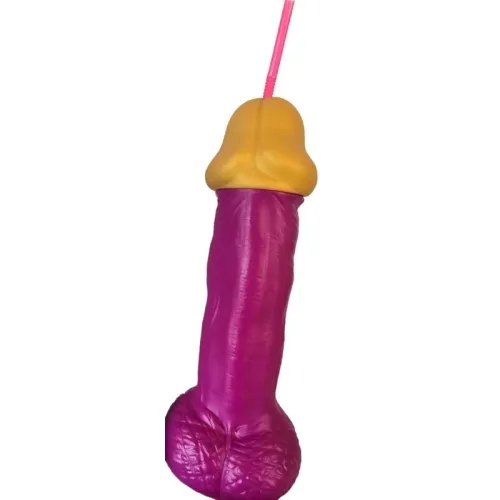 A drinking cup in the shape of a colorful, phallic object with a straw.