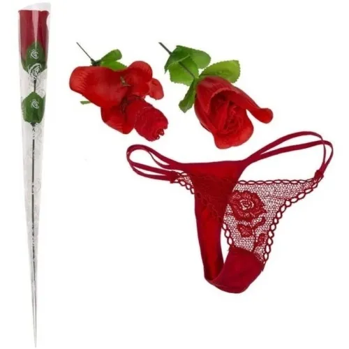 A red fabric rose unfolding into red lace lingerie, next to it a wrapped rose.