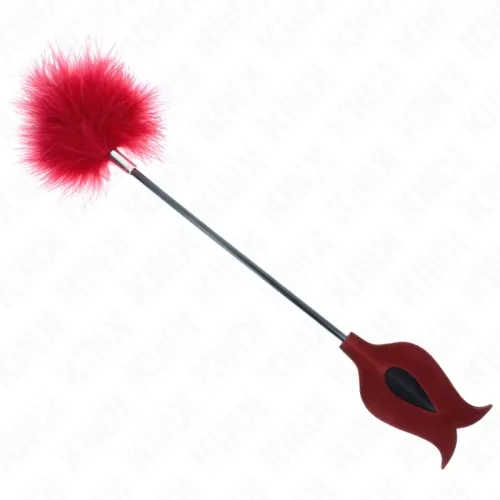 Rote Feder an einem schwarzen Stab mit rotem Griff in Form von Lippen.