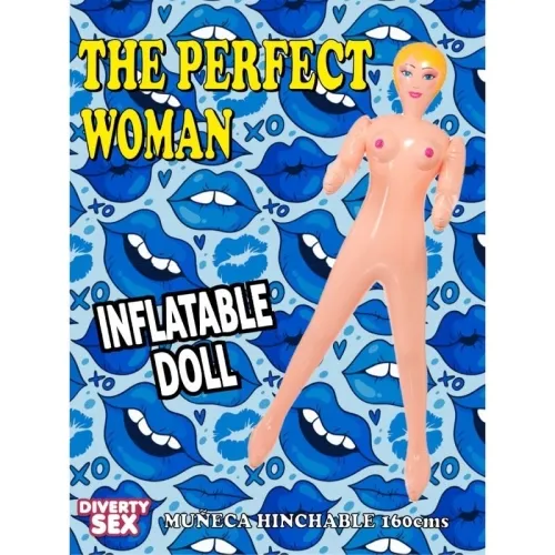 Inflatable doll against a blue background with a lip motif and the text "The Perfect Woman".