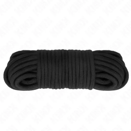 Black, coiled rope on a white background.