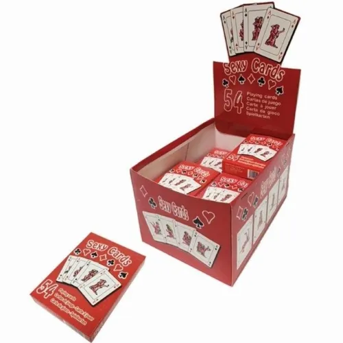 Rote Box mit "Sexy Cards", 54 Spielkarten, mehrere Kartensets sichtbar, einige Karten zeigen Illustrationen.