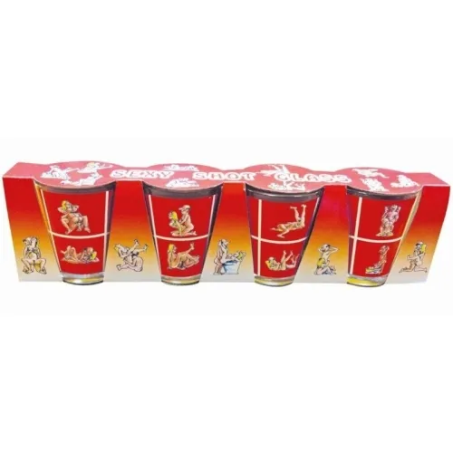 Four red shot glasses with erotic illustrations in a package.