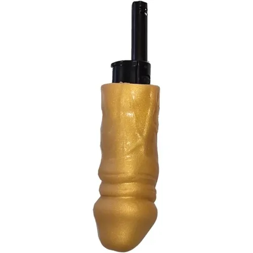 Goldener Feuerzeugüberzug in Form eines Fingers, mit schwarzem Feuerzeug oben sichtbar.