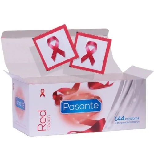 Open box of Pasante condoms, two packs with red ribbon motif visible.
