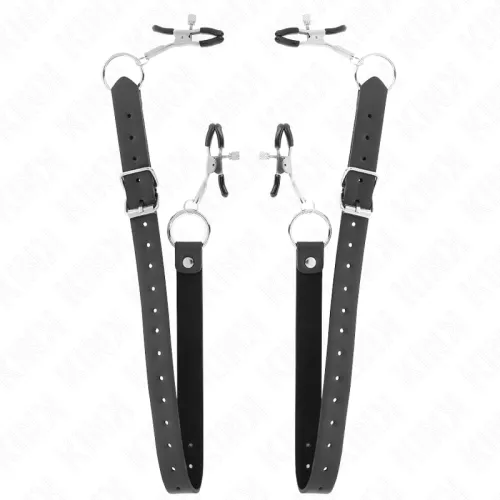Black leather straps with metal rings and adjustable clips, on a white background.