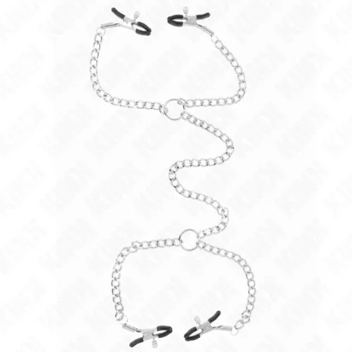 Silver chain with four black clasps connected by rings, on a white background.