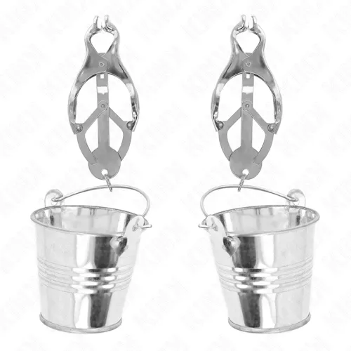 Two silver metal tongs with small buckets hanging from them against a white background.