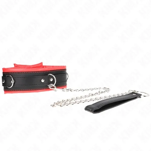 Black and red collar with metal chain and handle, on a white background.