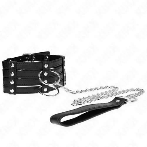 Black leather collar with silver chain and handle, on a white background.