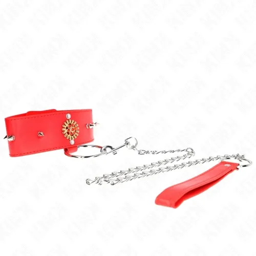 Rotes Halsband mit Kette und Griff, verziert mit goldenen Details und Nieten.