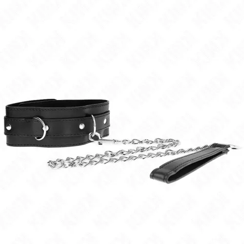 Black collar with silver chain and handle on a white background.