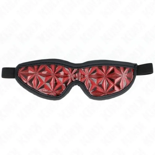 Schlafmaske mit rotem geometrischem Muster und schwarzem Rand, elastisches Band zur Befestigung.