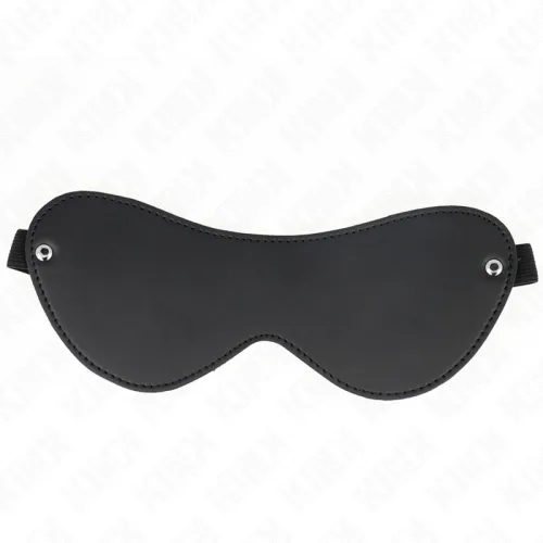 Schwarze Augenmaske aus Leder mit Nieten an den Seiten, vor weißem Hintergrund.