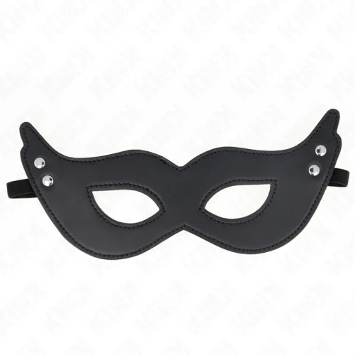 Schwarze Augenmaske mit geschwungenem Design und Nieten, auf weißem Hintergrund.