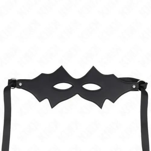 Schwarze Augenmaske mit spitzen Kanten und Bändern, vor weißem Hintergrund.