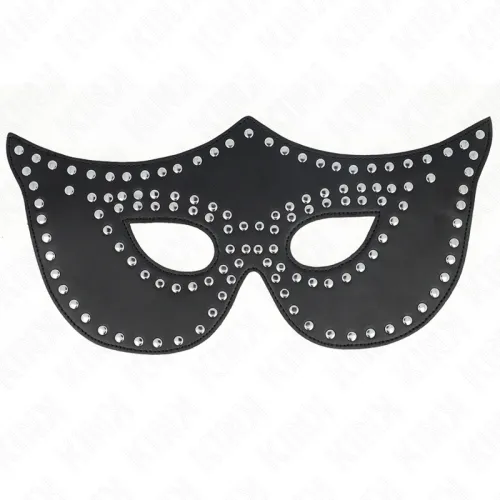 Black eye mask decorated with silver studs, on a white background.