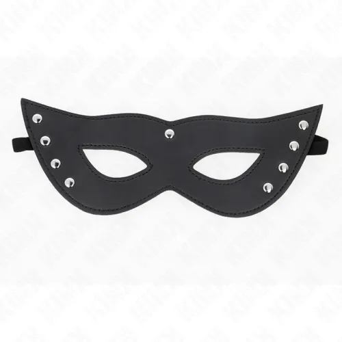 Schwarze Augenmaske mit Nieten, katzenartige Form, auf weißem Hintergrund.