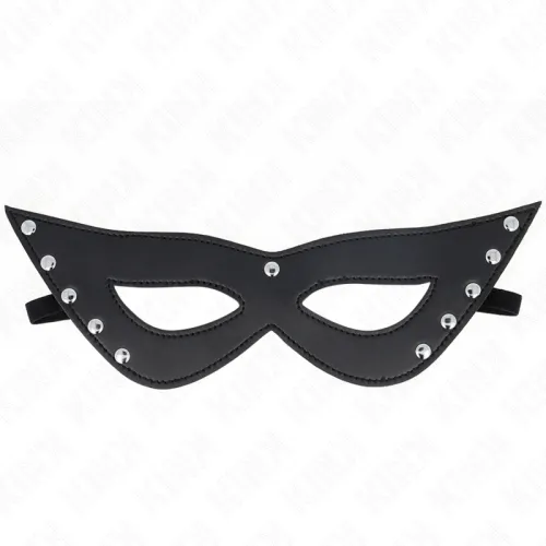 Black eye mask with pointed ends and silver studs, on a white background.