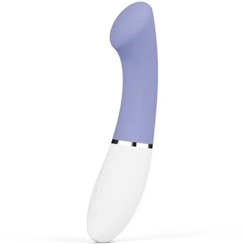 Purple and white vibrator with a curved head and controls on the handle.
