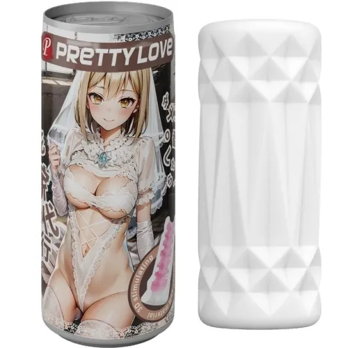Can with an anime character in a wedding dress and a white, textured container next to it.