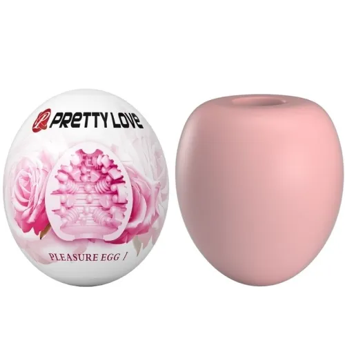 Two products: A white egg with a pink floral pattern and a pink, egg-shaped object with an opening.