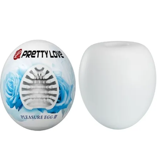 Weißes Ei mit blauen Rosen, Text "Pretty Love Pleasure Egg III", daneben ein offenes, strukturiertes Ei.