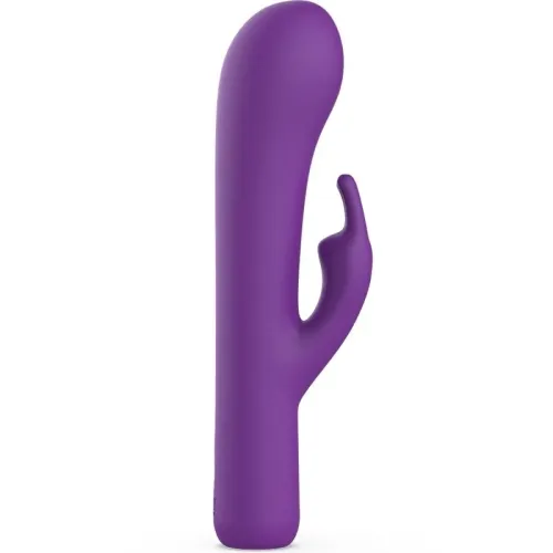 Lila Vibrator mit zwei Armen, einer gebogen, der andere kürzer und abgewinkelt, auf weißem Hintergrund.