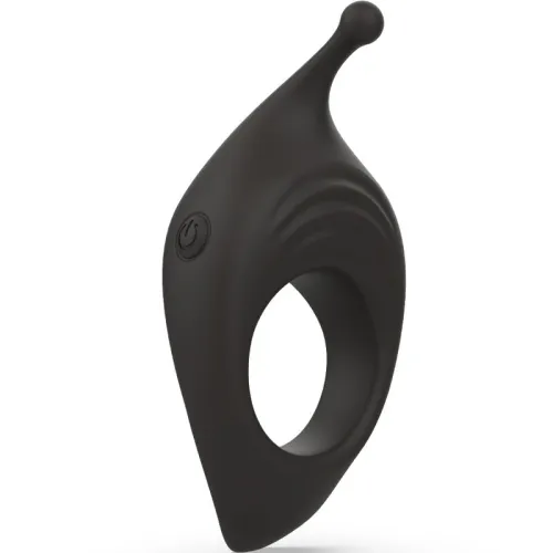 Black silicone vibration ring with button and curved tip, isolated on a white background.