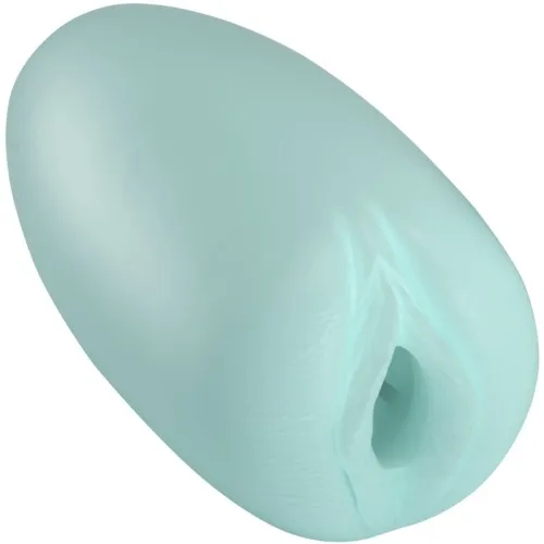 A turquoise, oval object with an opening at one end.