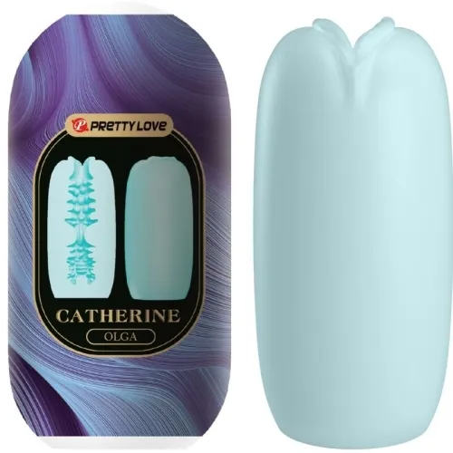 Blue, textured sex toy with packaging, purple background, inscription "Pretty Love Catherine Olga".