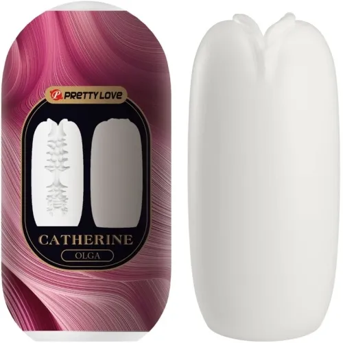 Two white, cylindrical objects, one with pink packaging and the inscription "Pretty Love Catherine Olga".