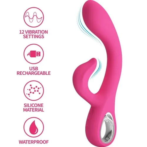 Pink vibrator with 12 vibration settings, USB rechargeable, made of silicone, waterproof. Function icons on the left.