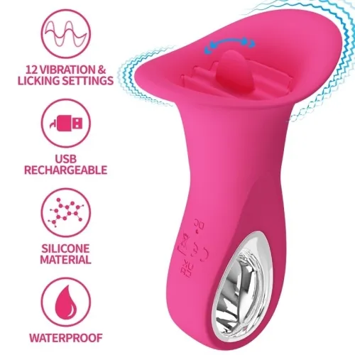 Pink vibrator with 12 settings, USB rechargeable, silicone material, waterproof.