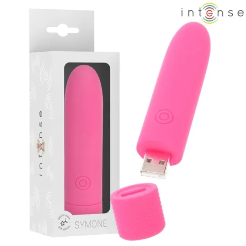 Rosa USB-Vibrator mit abnehmbarem Deckel und Verpackung, Marke "intense".