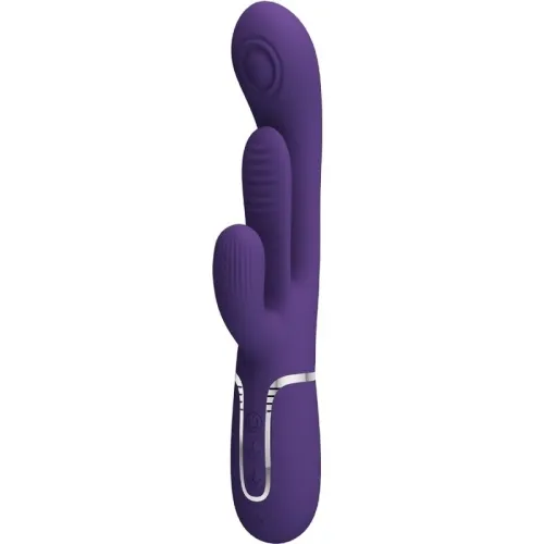 Lila Vibrator mit zwei Armen und strukturierten Oberflächen, silberne Akzente und Bedienelemente am Griff.