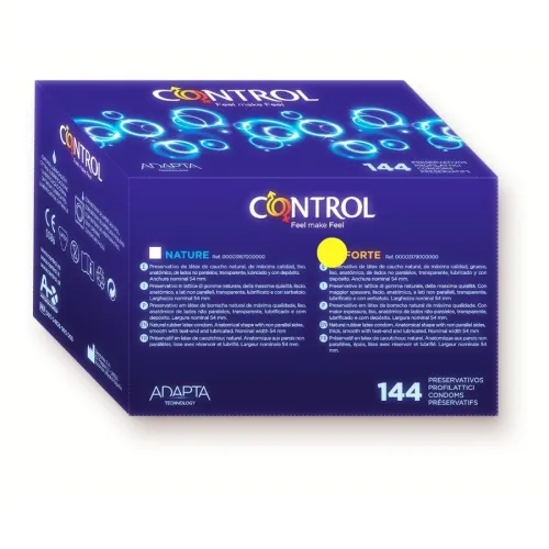 Lila Verpackung von Control-Kondomen, 144 Stück, mit blauen Kreisen und gelbem Punkt.