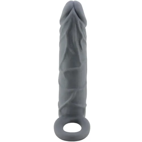 Grauer, strukturierter Dildo mit Ring am Ende, aufrecht stehend vor weißem Hintergrund.