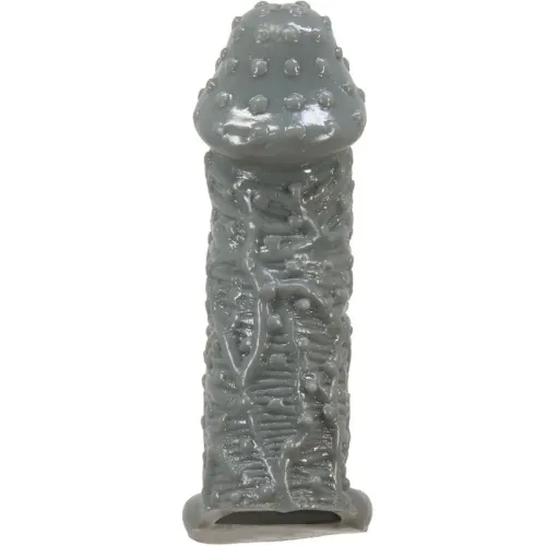 Grey, textured ceramic sculpture in a cylindrical shape with a rounded tip and irregular surface patterns.