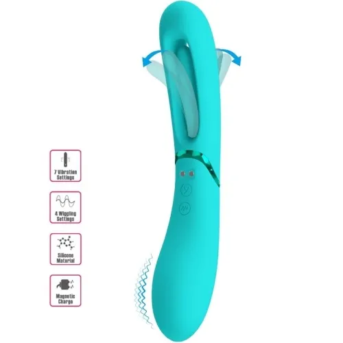 Turquoise massage device with 7 vibration and 4 wobble modes, made of silicone, magnetically rechargeable.
