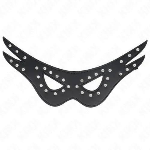 Schwarze Augenmaske mit silbernen Nieten, geschwungenes Design, auf weißem Hintergrund.