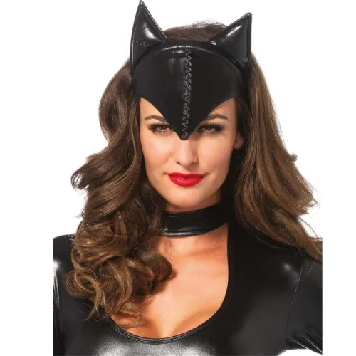 Woman in a black cat costume with ears and red lipstick.