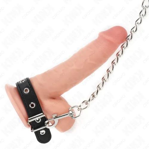 Leather penis ring with strap 21.5 x 2 cm and metal chain 60 cm – Kink