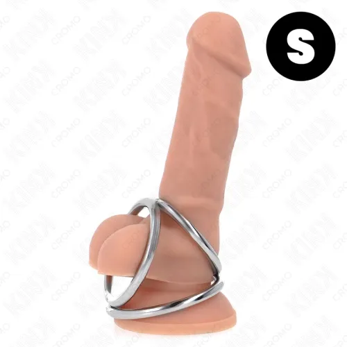 Silicone dildo with two metal rings, size S, on a white background.