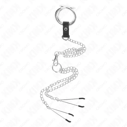 Triple Chrome Metal Penis Ring 3cm to 4.5cm with 26cm Metal Chain and Breast Clamps – Kink